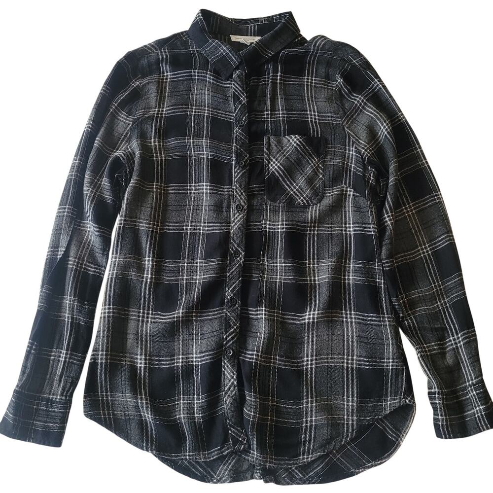 Black Gray Plaid Rayon Button Front Shirt Long Sleeve Grunge Indie Casual